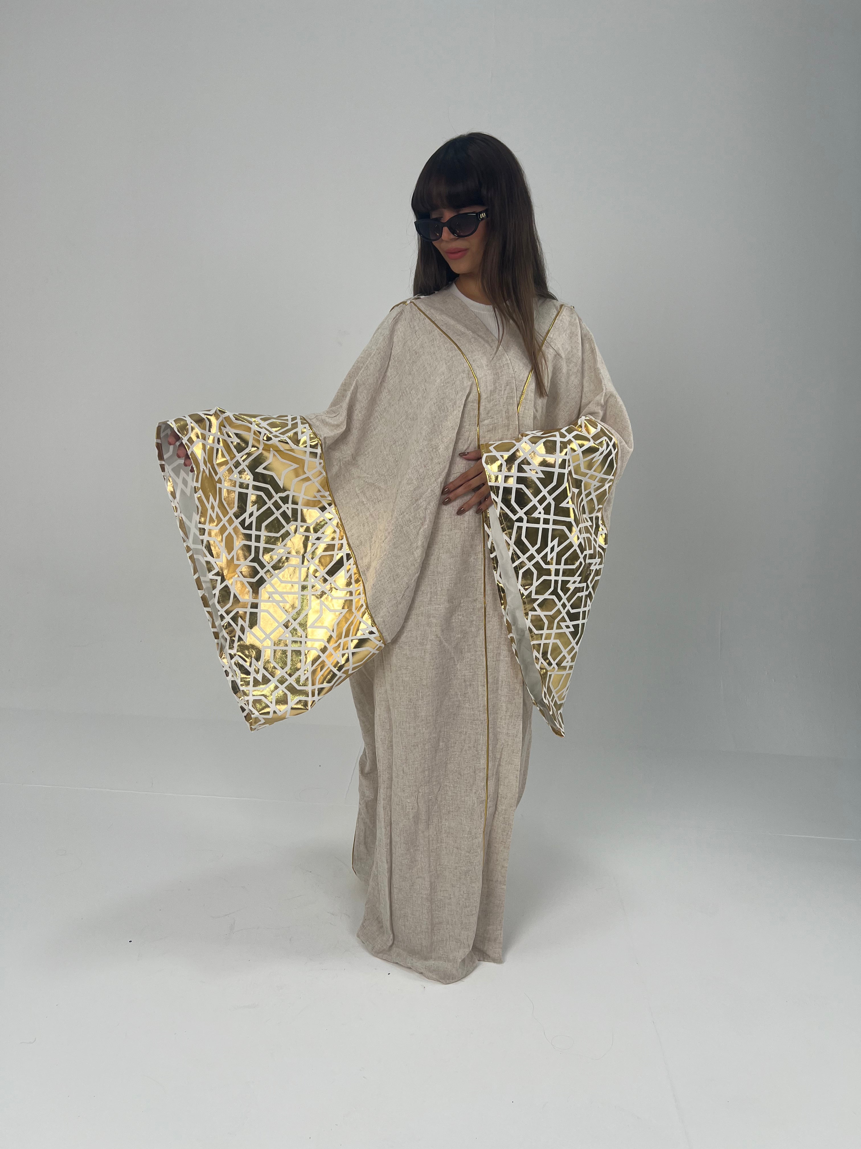 Urbantique - Plus Size Beige Kaftan in Gold Linen 3
