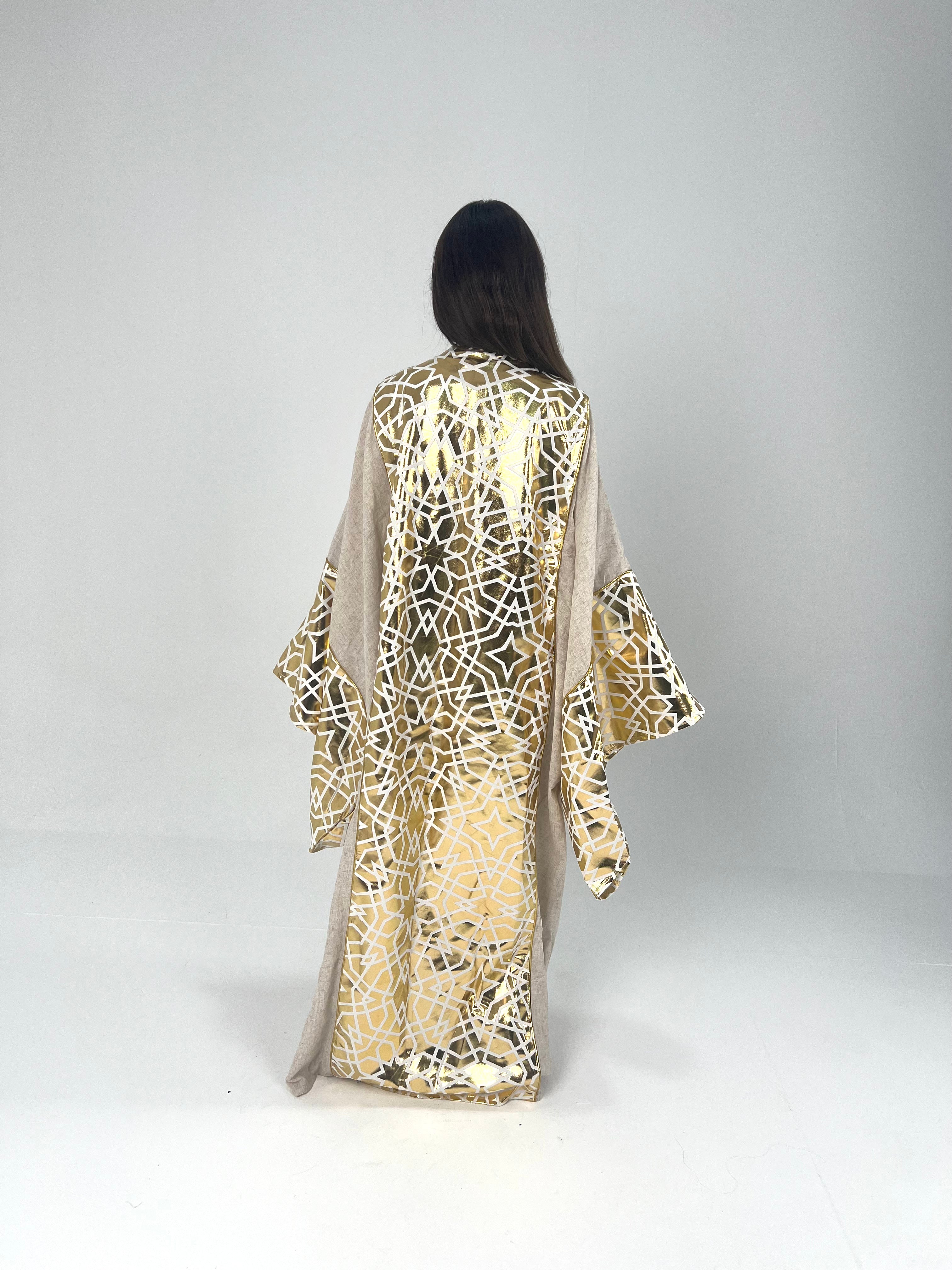 Urbantique - Plus Size Beige Kaftan in Gold Linen 5