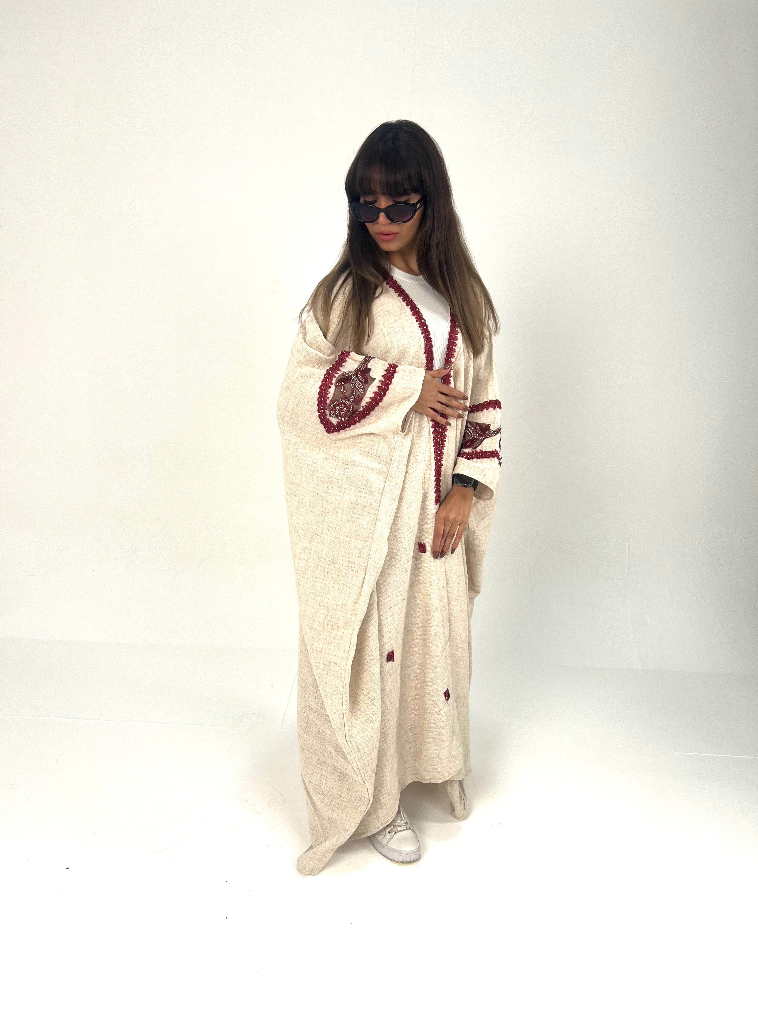 Urbantique - Beige Kaftan Embroidered in Burgundy 2