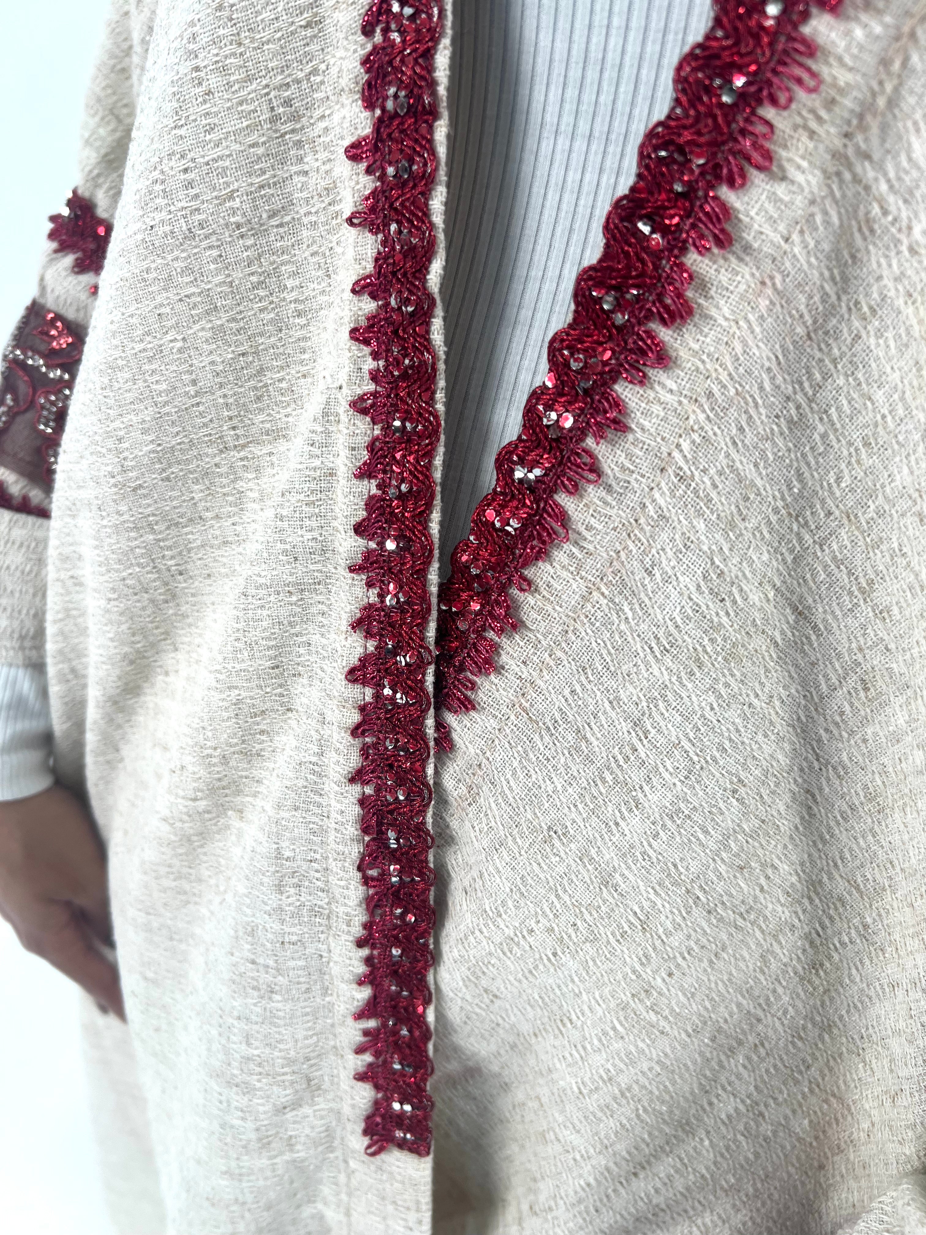 Urbantique - Beige Kaftan Embroidered in Burgundy 6