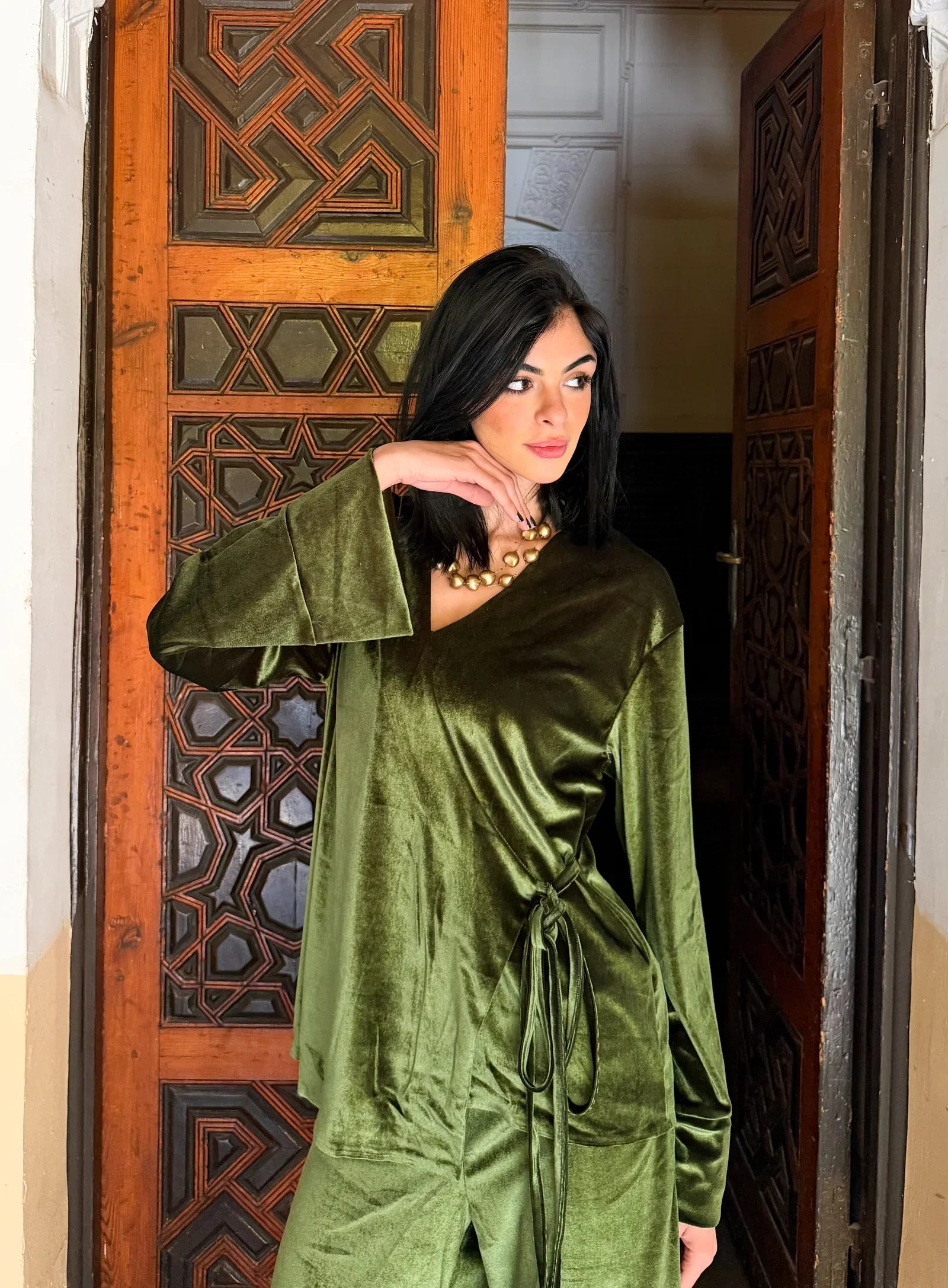 Reehan - Olive Green Side Tie Kimono Set 3