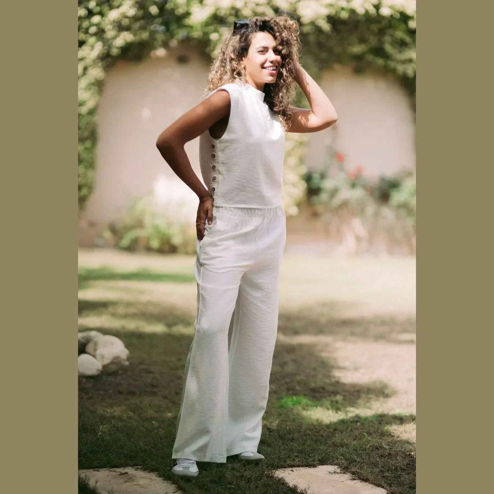 Rustic Linen Top with Wooden Buttons - Kanza