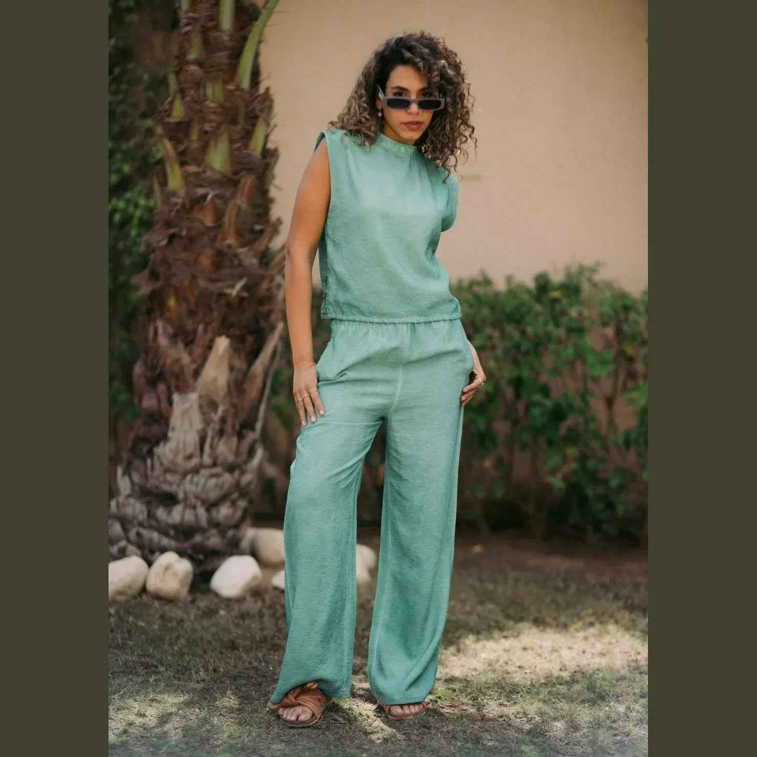 Rustic Linen Top with Wooden Buttons - Kanza