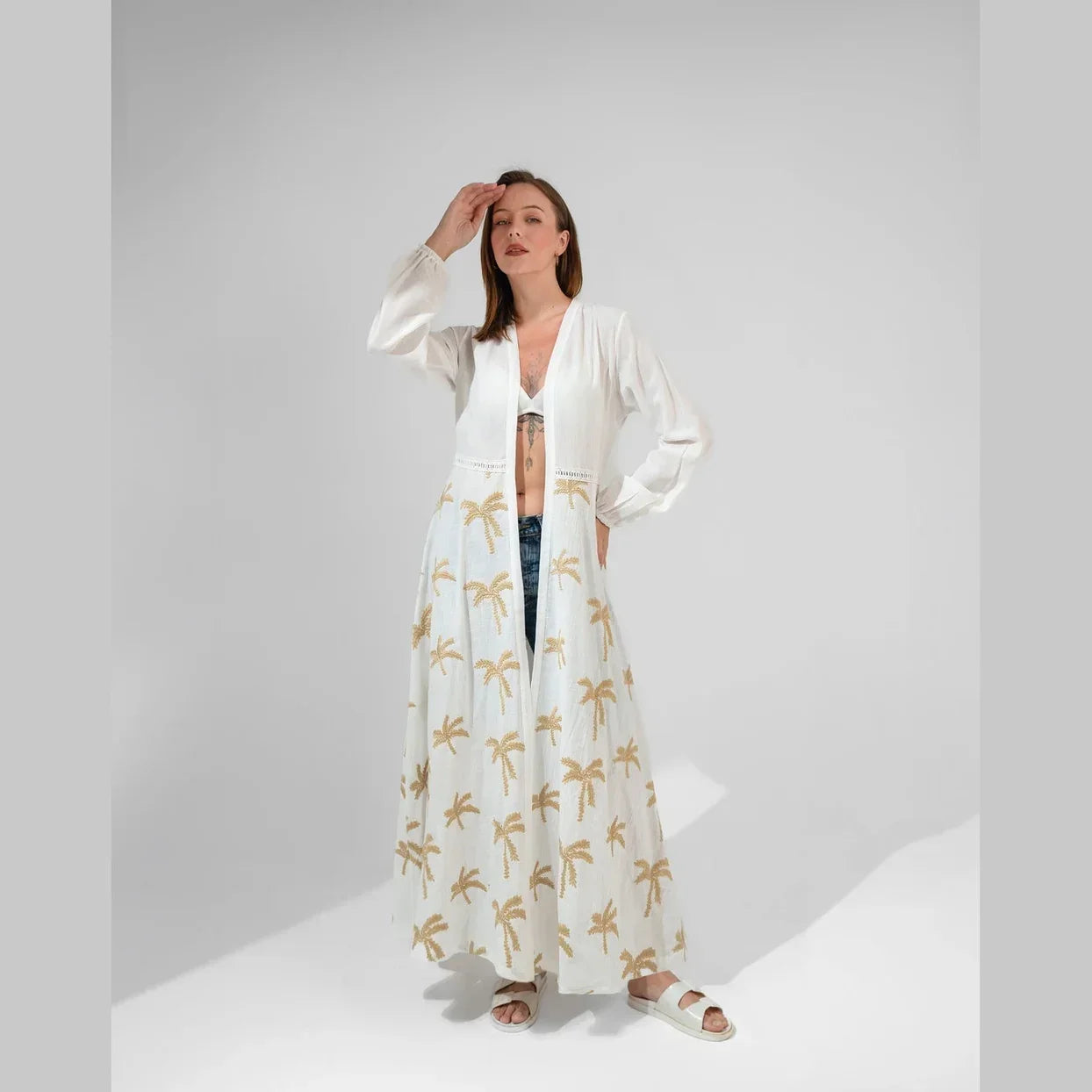 Embroidered Linen Sleeved Kimono With Belt - KC Shop - Babazzaro