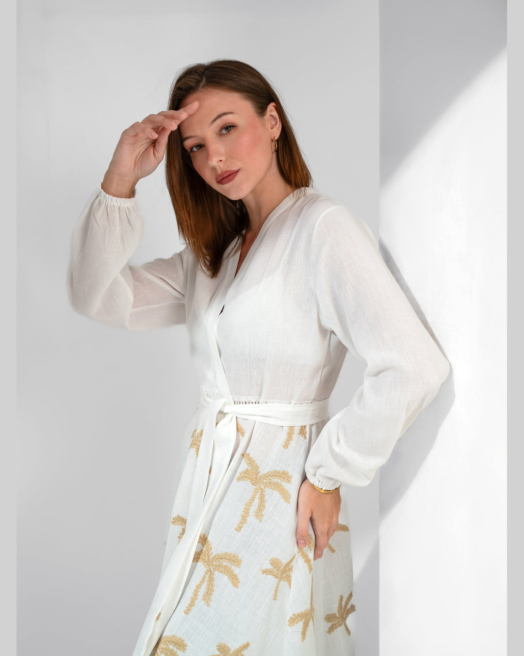 KC Shop - Embroidered Linen Sleeved Kimono With Belt 3