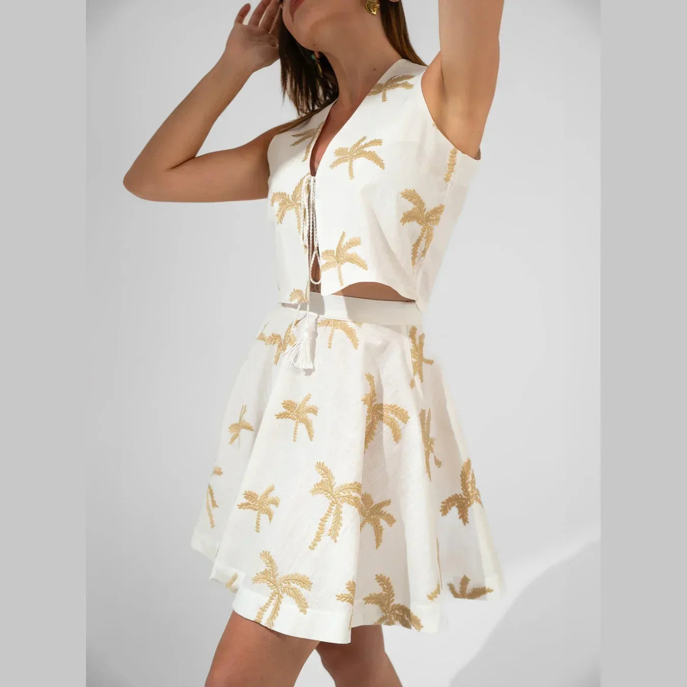 Embroidered White Linen High-Waist Mini Skirt - KC Shop - Babazzaro