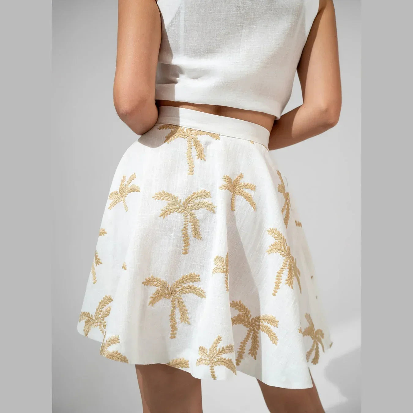 Embroidered White Linen High-Waist Mini Skirt - KC Shop 2