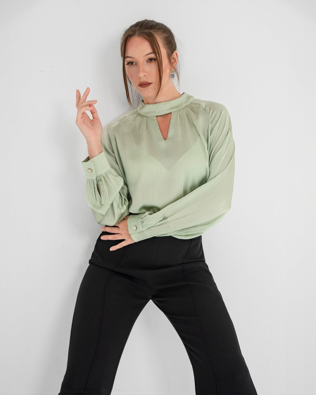 KC Shop - Light Green Keyhole Neckline Blouse 3
