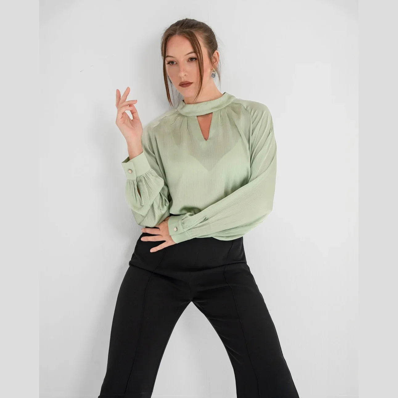 KC Shop - Light Green Keyhole Neckline Blouse 3