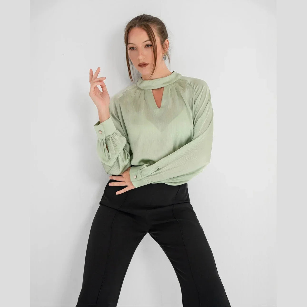 Light Green Keyhole Neckline Blouse - KC Shop 3