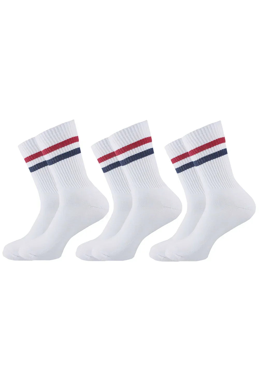 Men Set Of 3 Long Half Terry Sport Socks white (red-blue lines stripes) - Sam Socks - Babazzaro