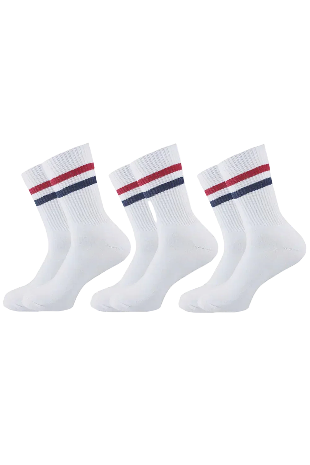 Men Set Of 3 Long Half Terry Sport Socks white (red-blue lines stripes) - Sam Socks - Babazzaro