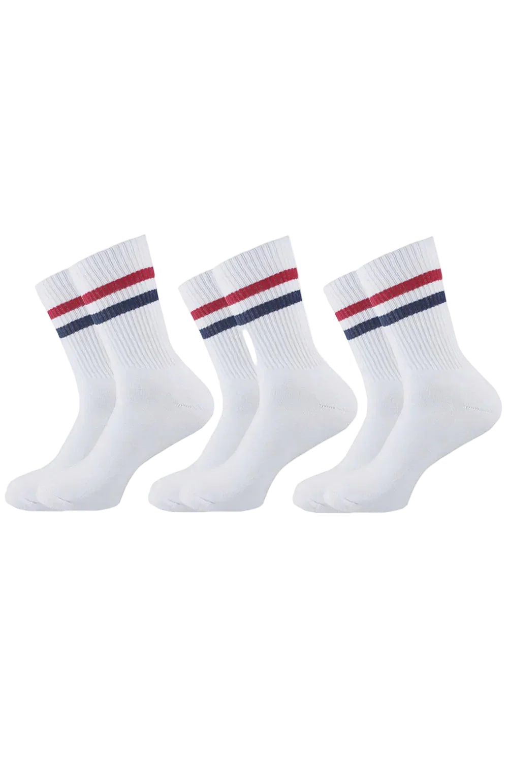 Sam Socks - Men Set Of 3 Long Half Terry Sport Socks white red-blue lines stripes 1