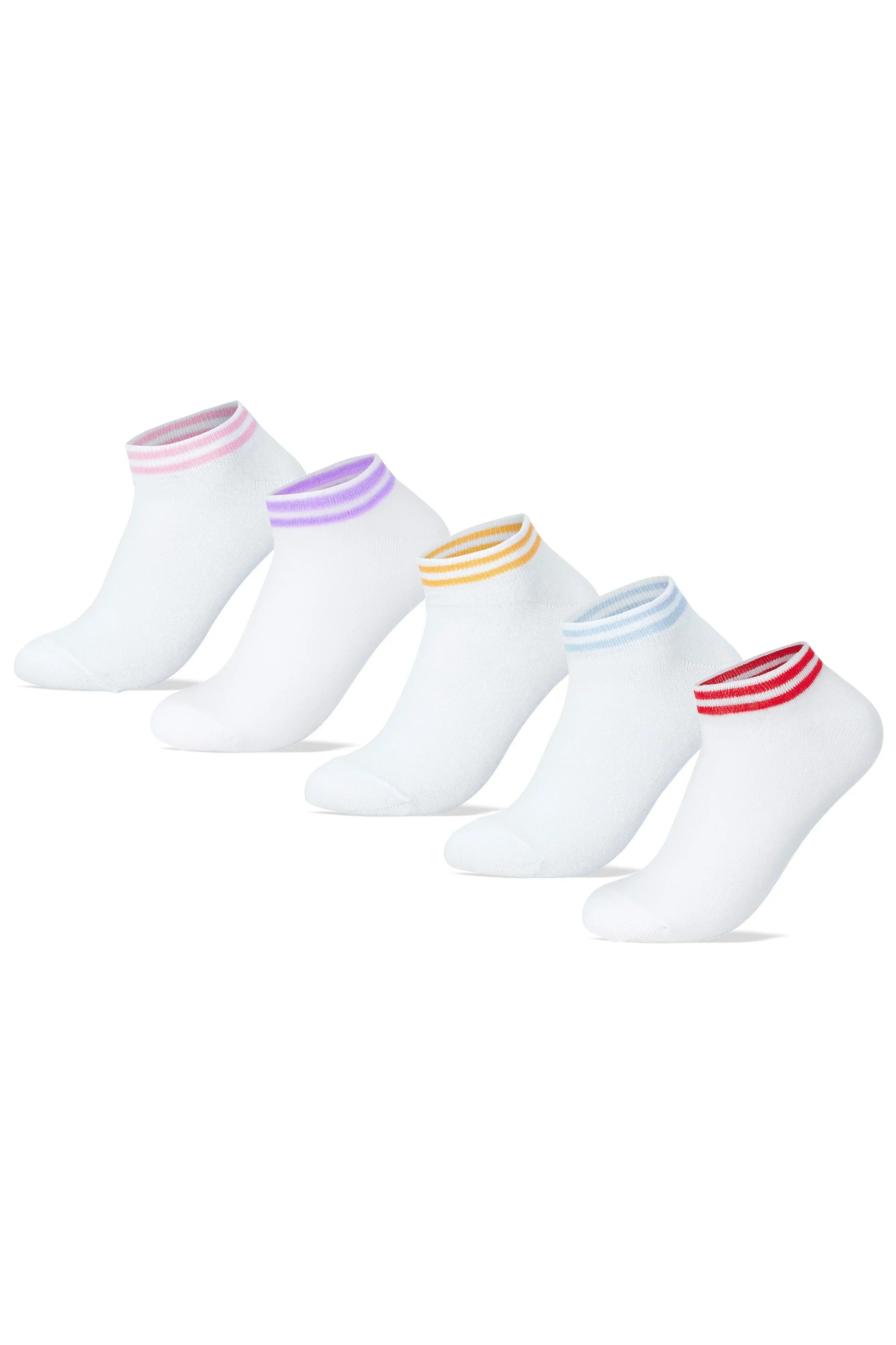 Women Set Of 5 Ankle Plain Socks White Stripped - Sam Socks - Babazzaro