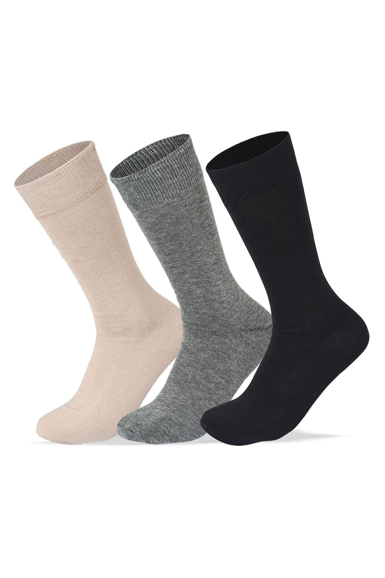 Sam Socks - Men Set Of 3 Classic Socks Plain Black-D.Grey-Beige 1