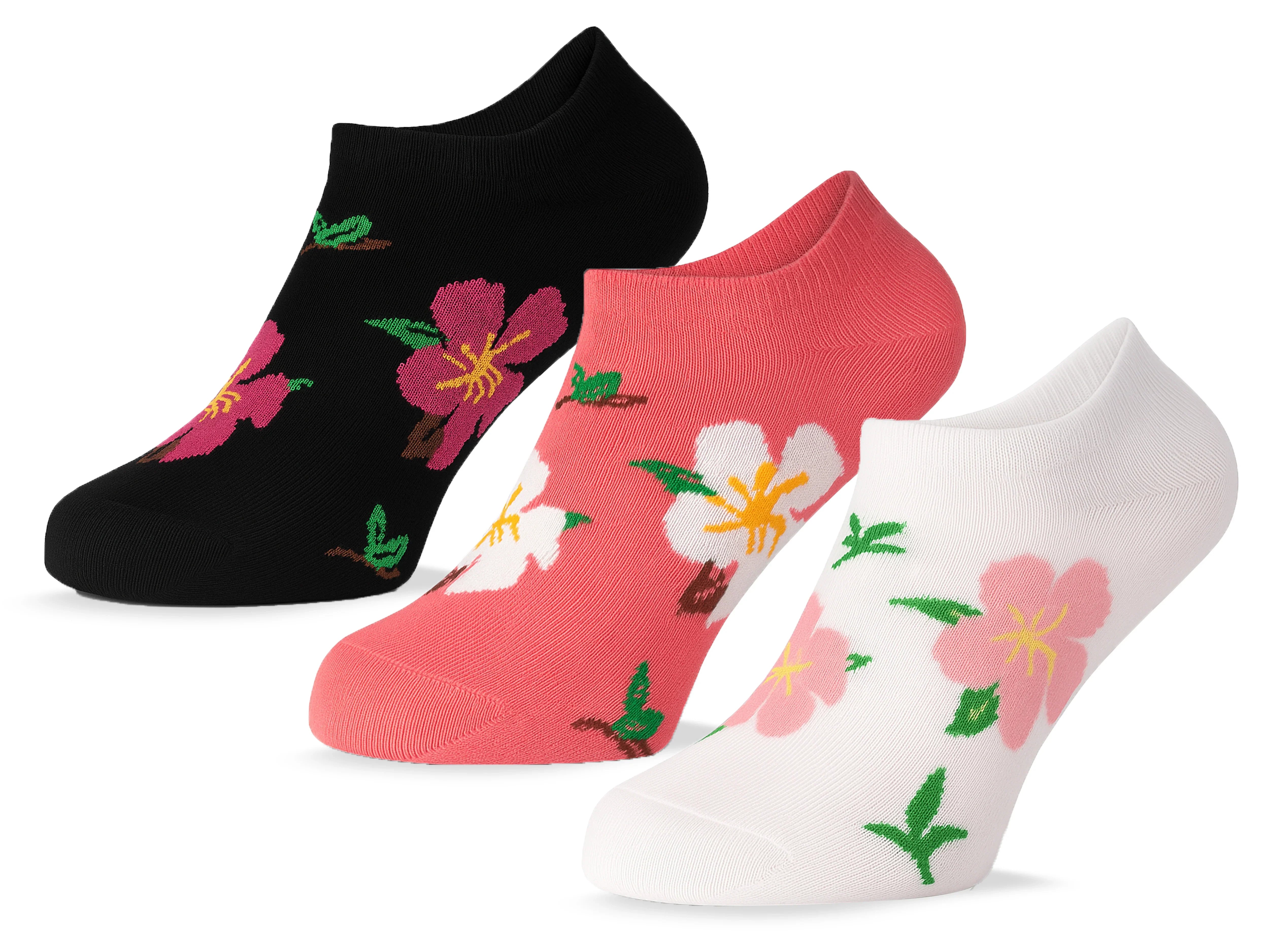Sam Socks - Women Set Of 3 Ankle Socks Flower Pattern Black-White-Pink 1