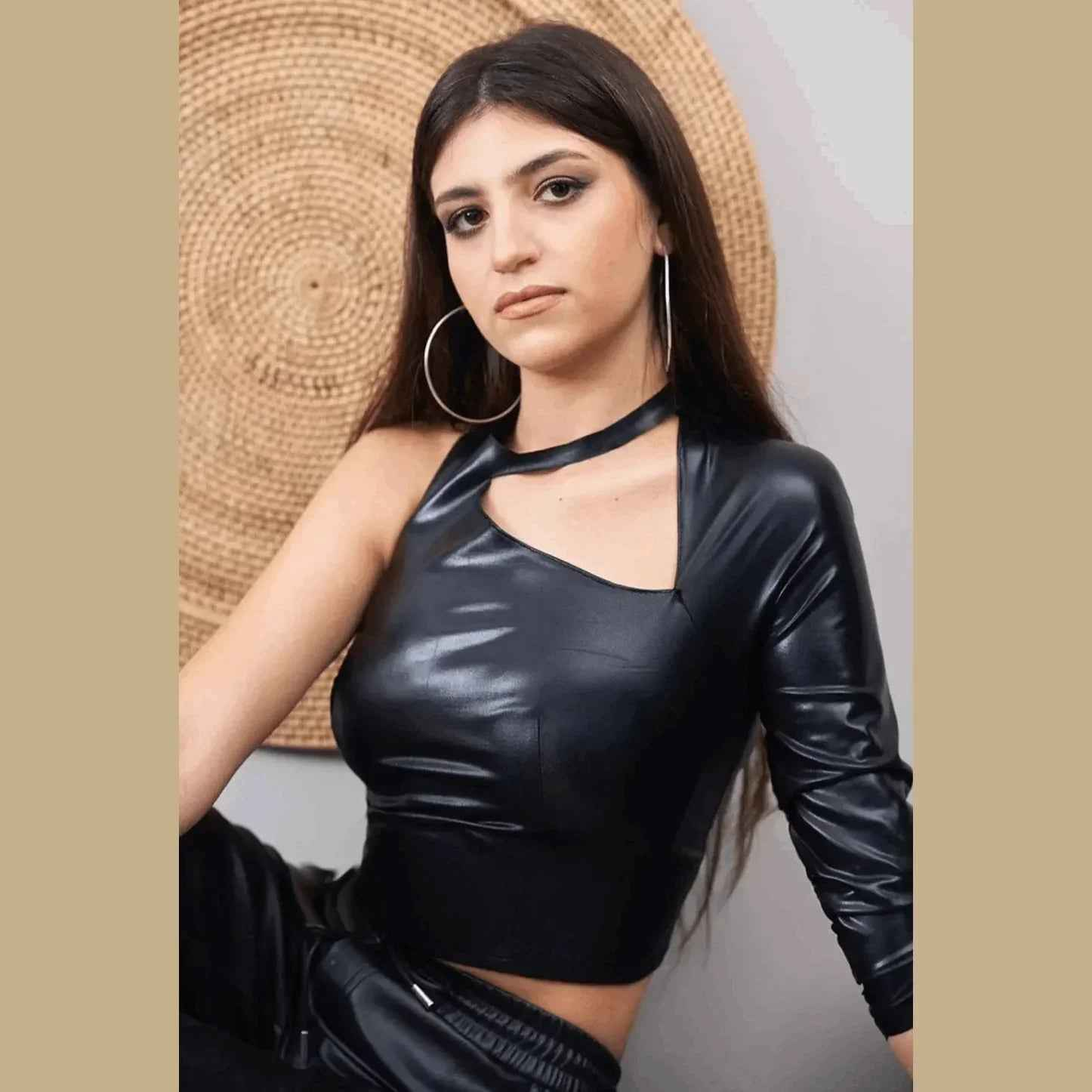 One-Shoulder Black Faux Leather Top - Nosh