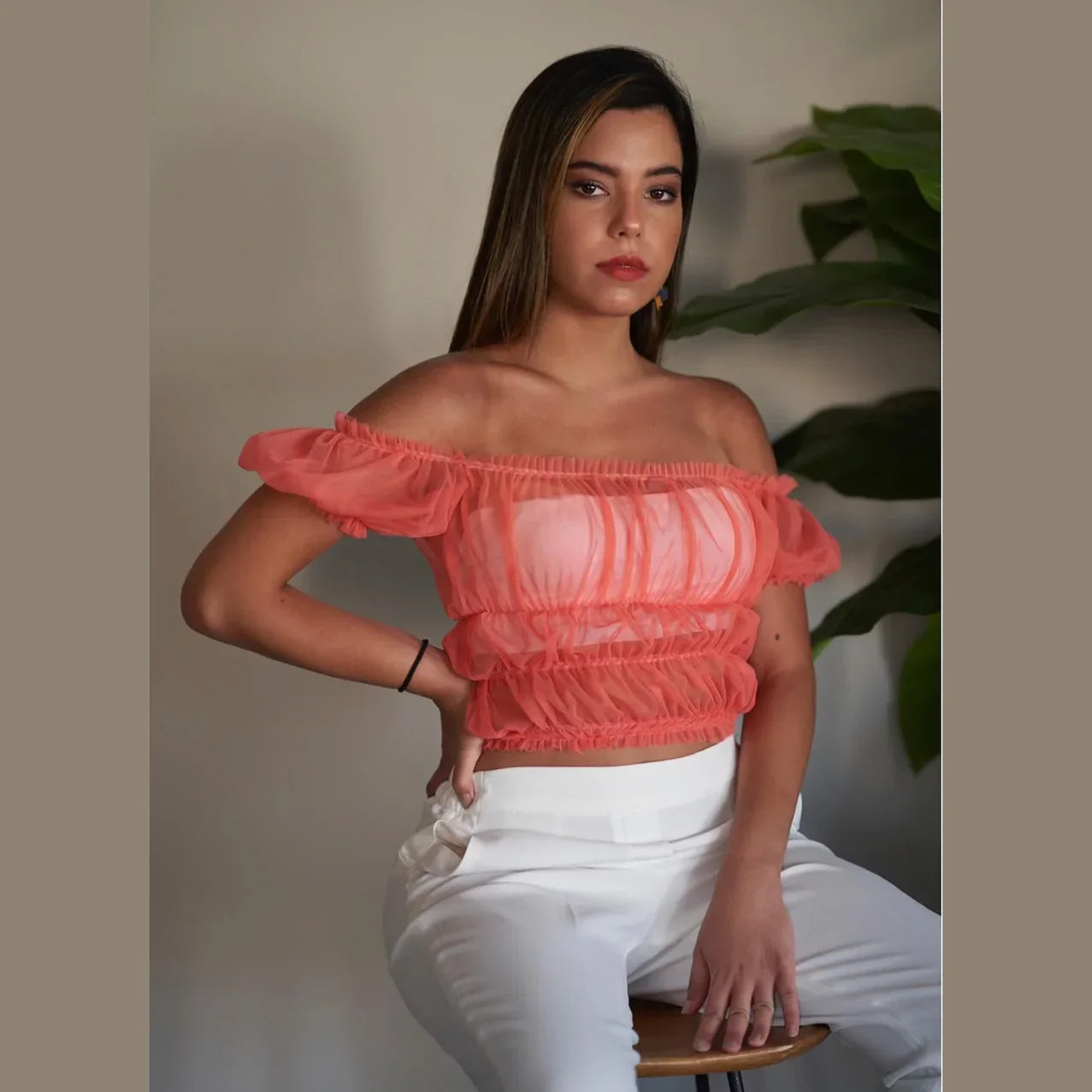 Nosh - Off-Shoulder Orange Tulle Top 2