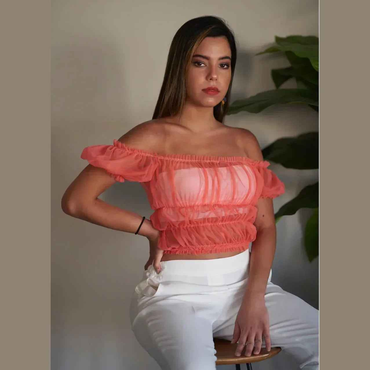 Off-Shoulder Orange Tulle Top - Nosh