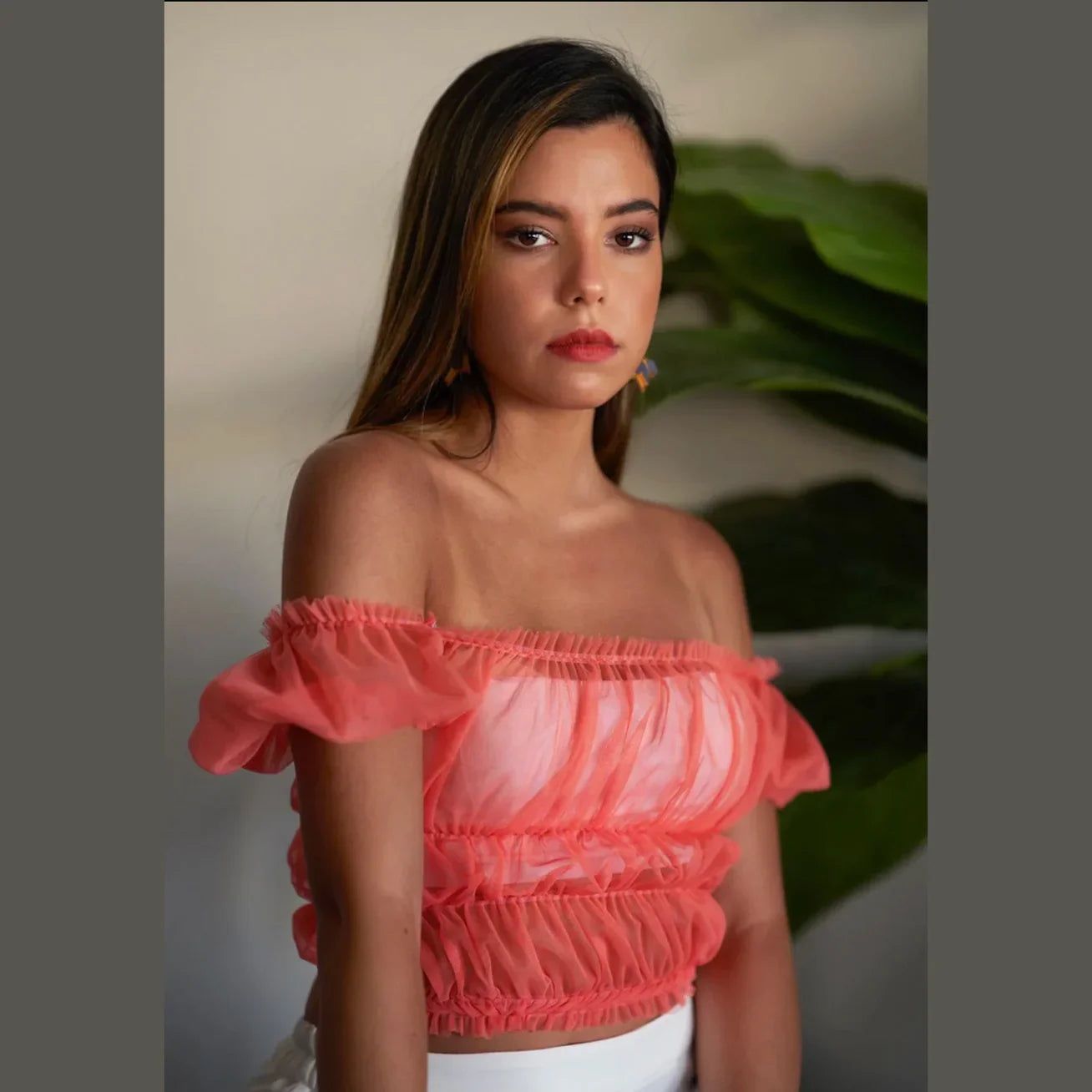 Nosh - Off-Shoulder Orange Tulle Top 1