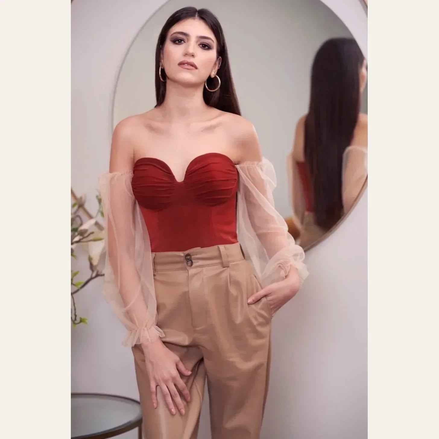 Red Top with Tulle Shoulders - Nosh