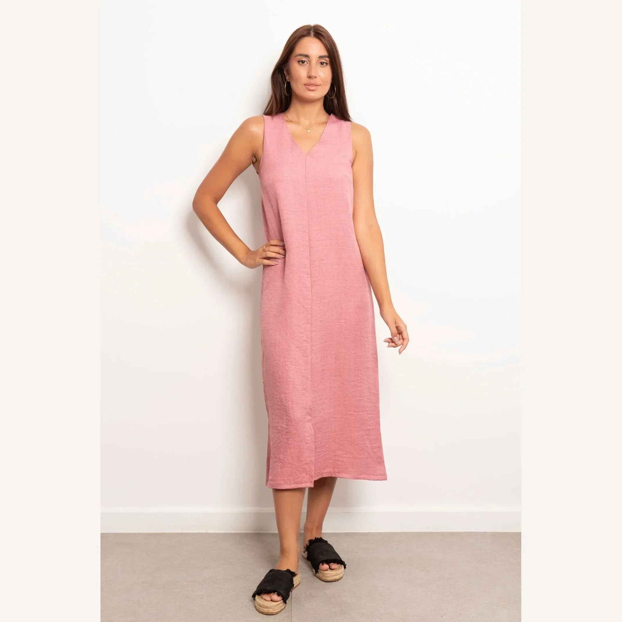 V-Neck Basic Linen Dress - Viva