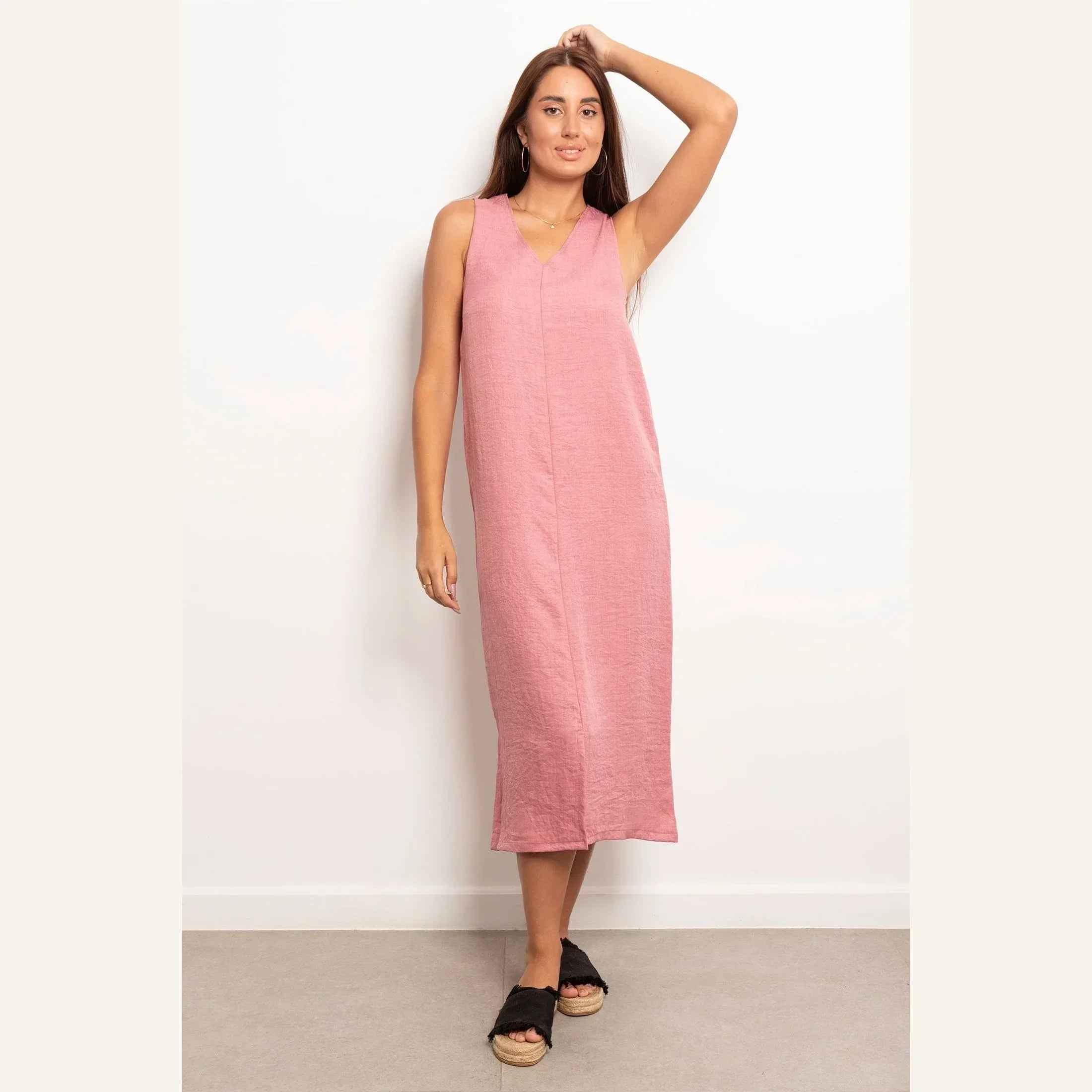 V-Neck Basic Linen Dress - Viva