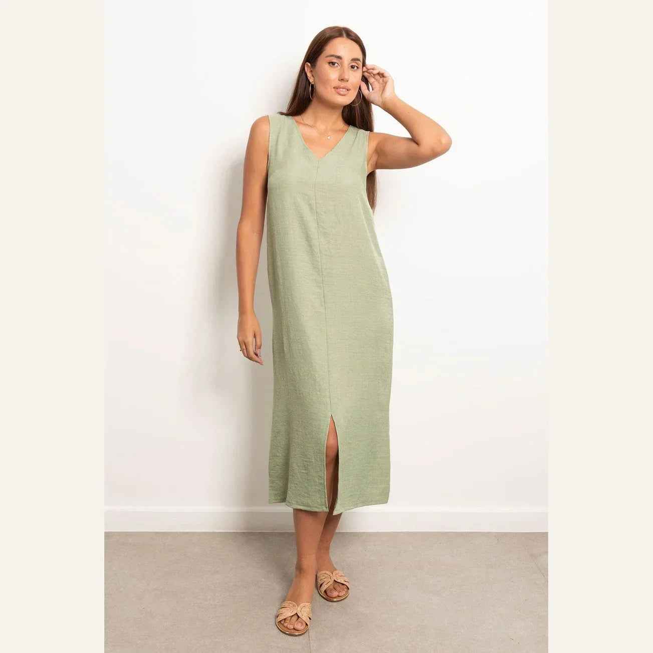 V-Neck Basic Linen Dress - Viva