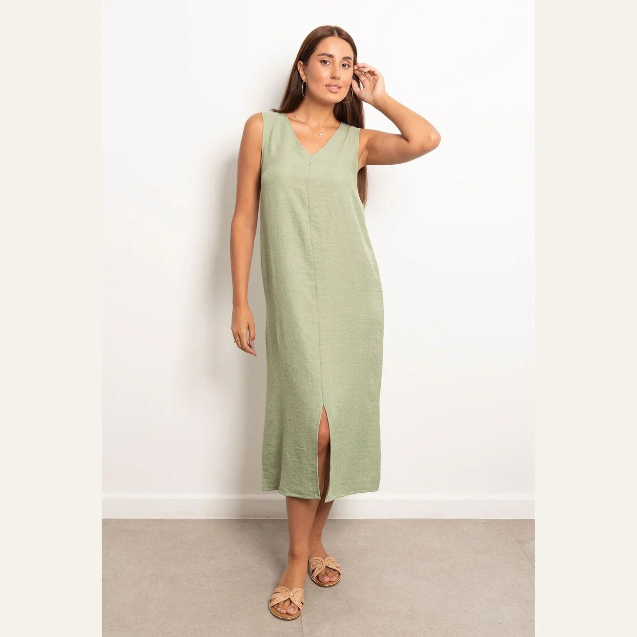 Viva - V-Neck Basic Linen Dress 2
