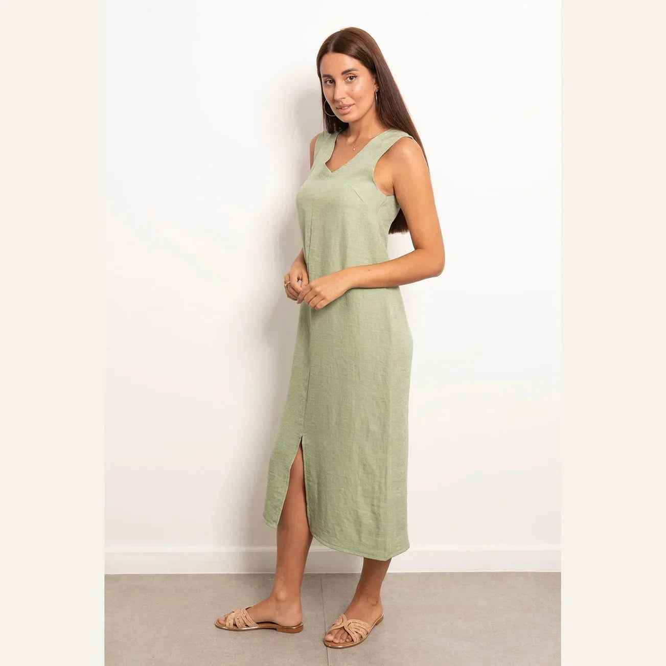 V-Neck Basic Linen Dress - Viva