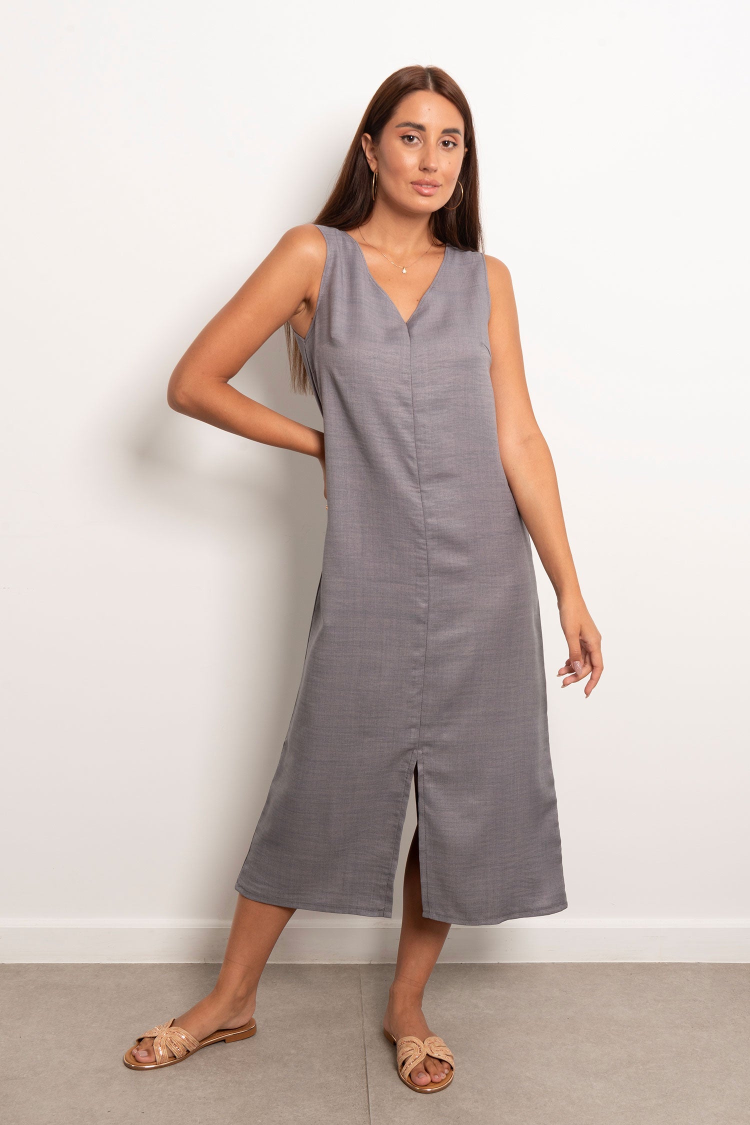 Viva - V-Neck Basic Linen Dress 7