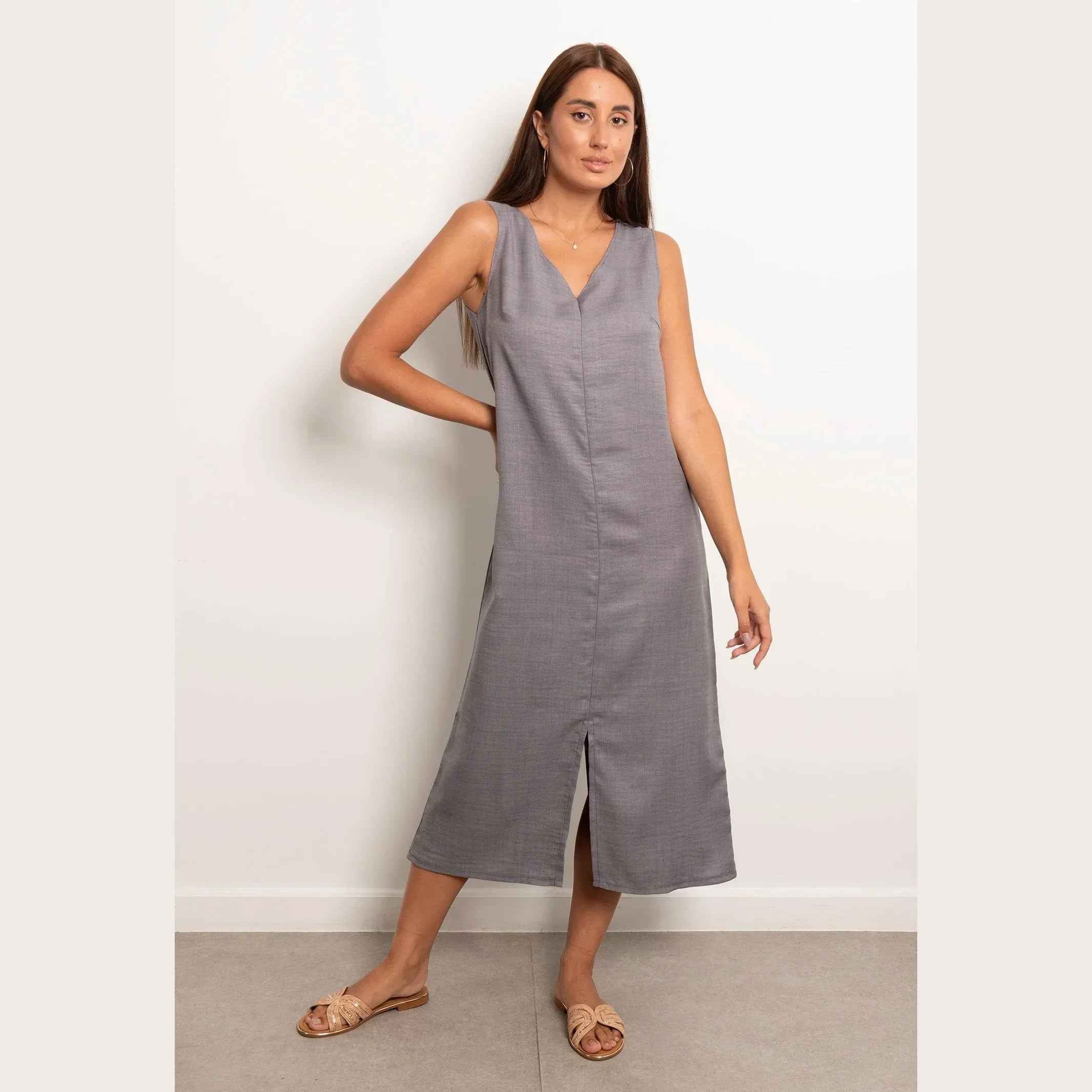 V-Neck Basic Linen Dress - Viva
