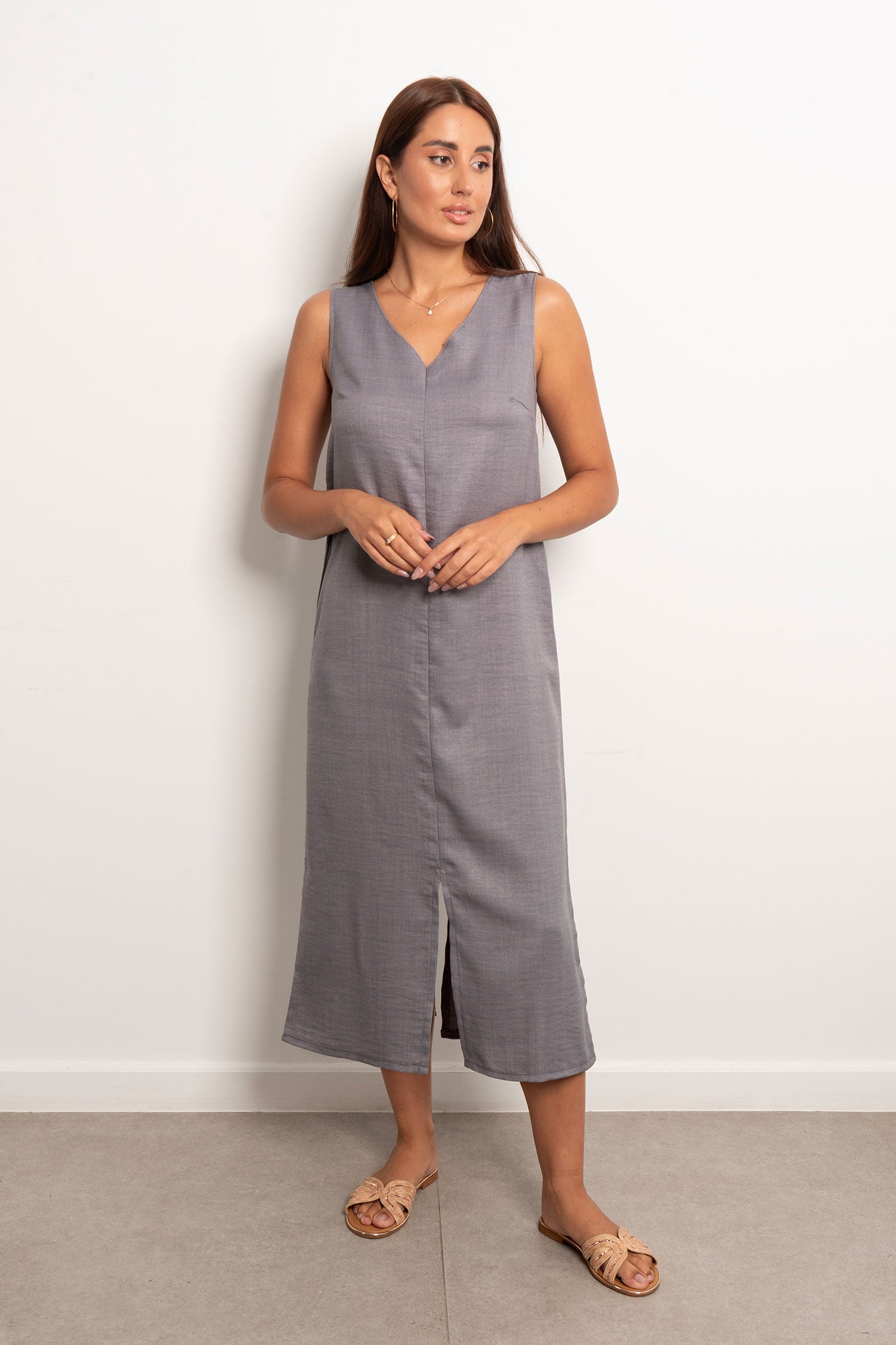 Viva - V-Neck Basic Linen Dress 9