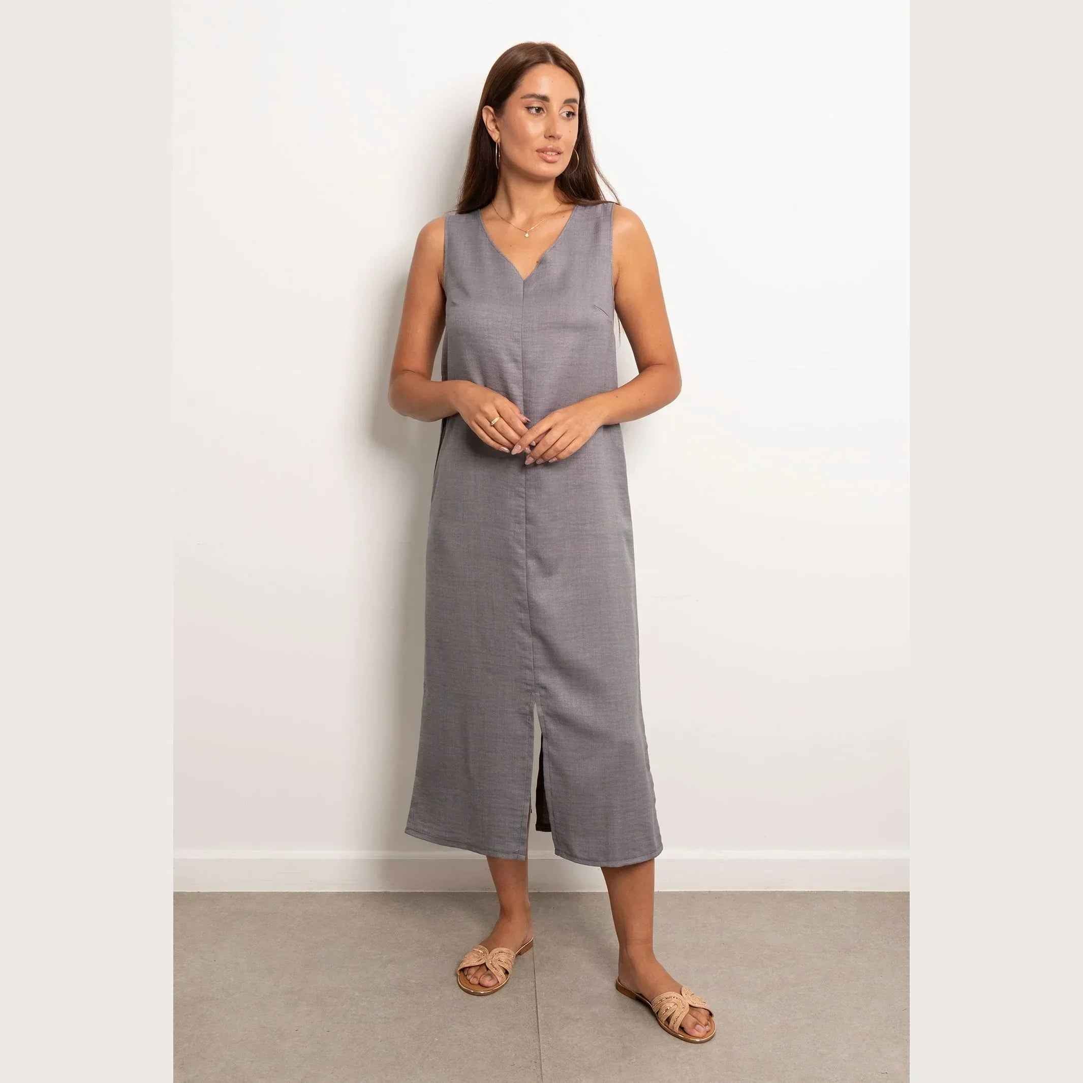 V-Neck Basic Linen Dress - Viva