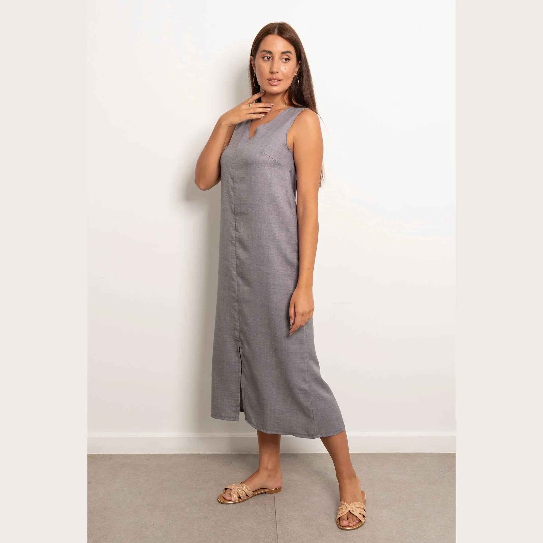 V-Neck Basic Linen Dress - Viva