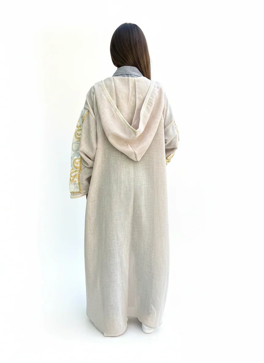 Beige Linen Kaftan Embroidered with Gold and Silver - Urbantique - Babazzaro