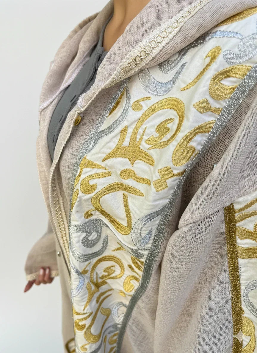 Beige Linen Kaftan Embroidered with Gold and Silver - Urbantique - Babazzaro