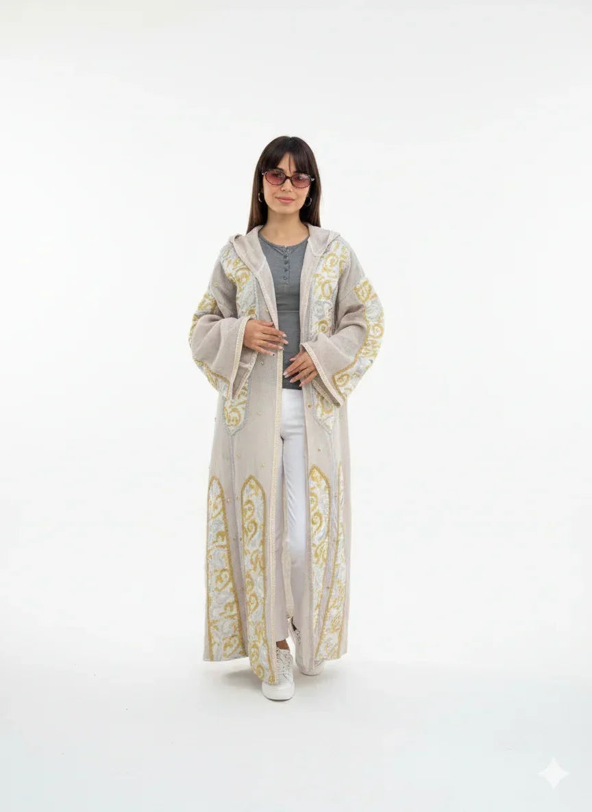 Beige Linen Kaftan Embroidered with Gold and Silver - Urbantique - Babazzaro