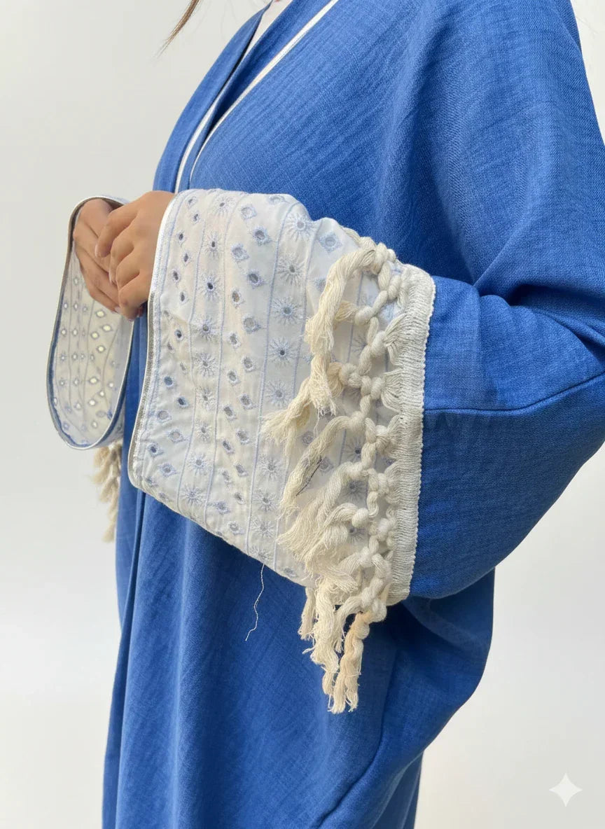 Blue Linen Kaftan with Tassel Sleeves - Urbantique - Babazzaro