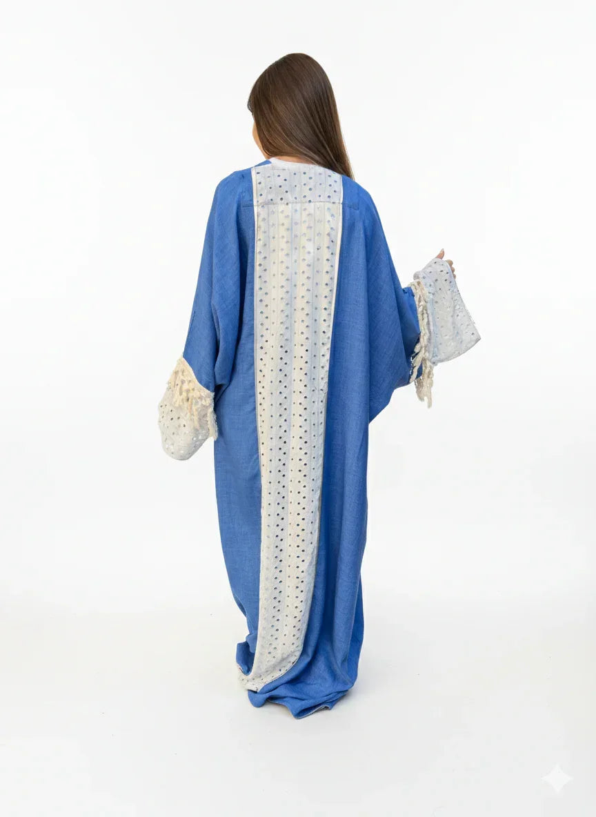 Blue Linen Kaftan with Tassel Sleeves - Urbantique - Babazzaro
