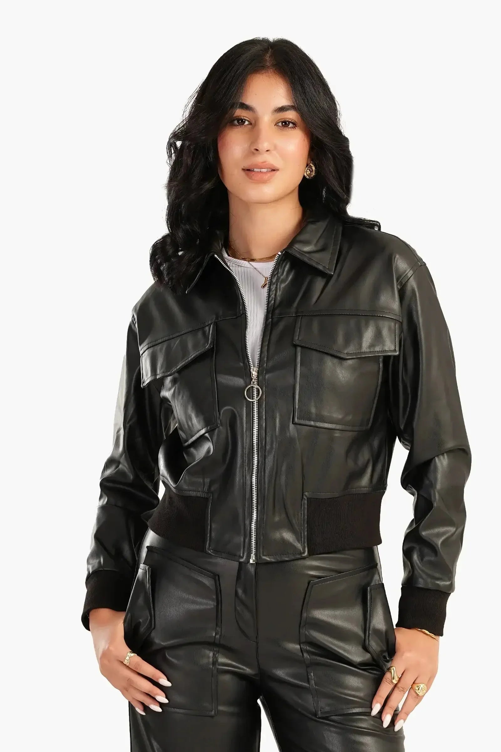 Carina - Leather Jacket with Elasic Hem 1