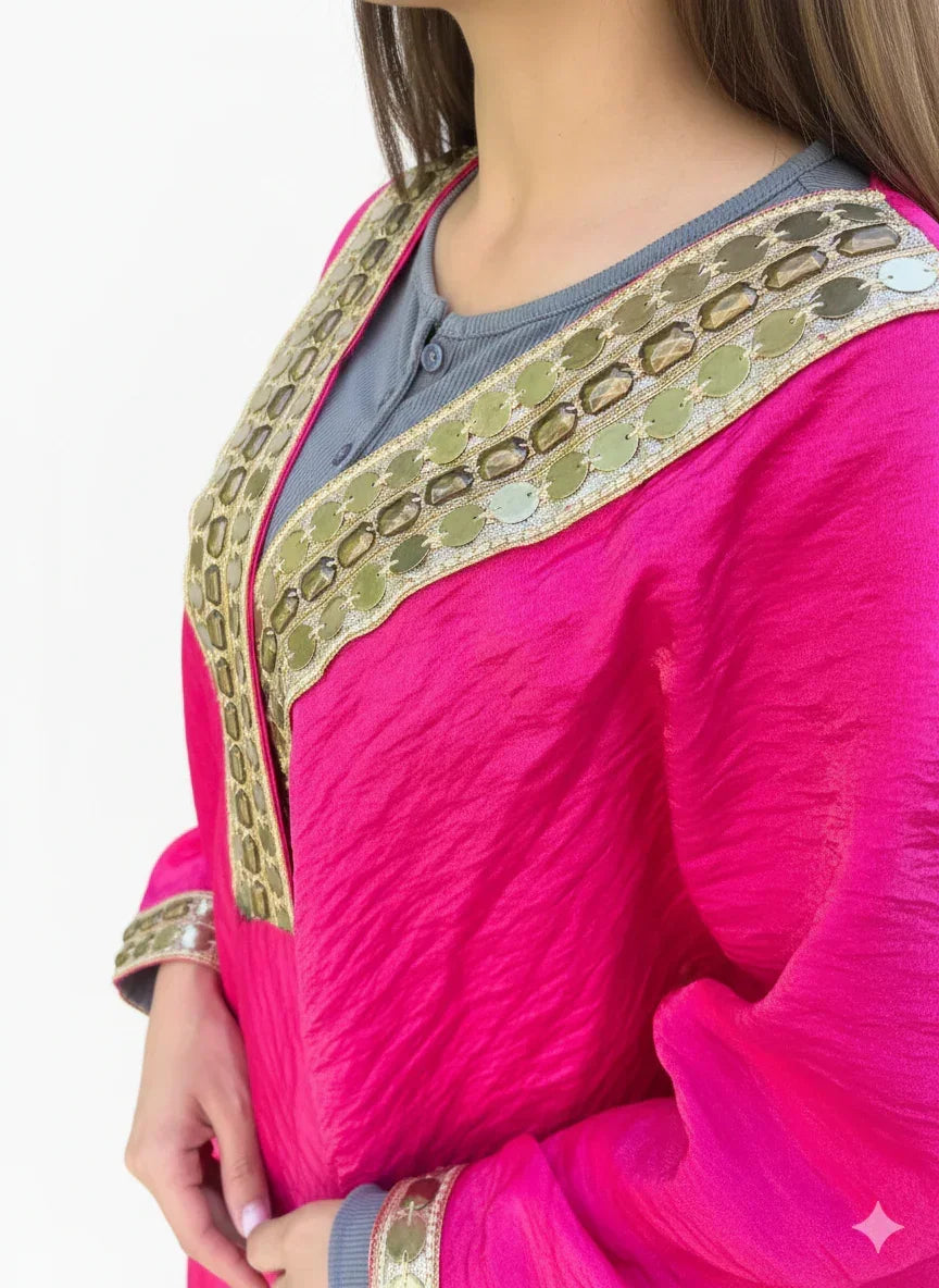 Fuchsia Kaftan Embroidered with Gold - Urbantique - Babazzaro