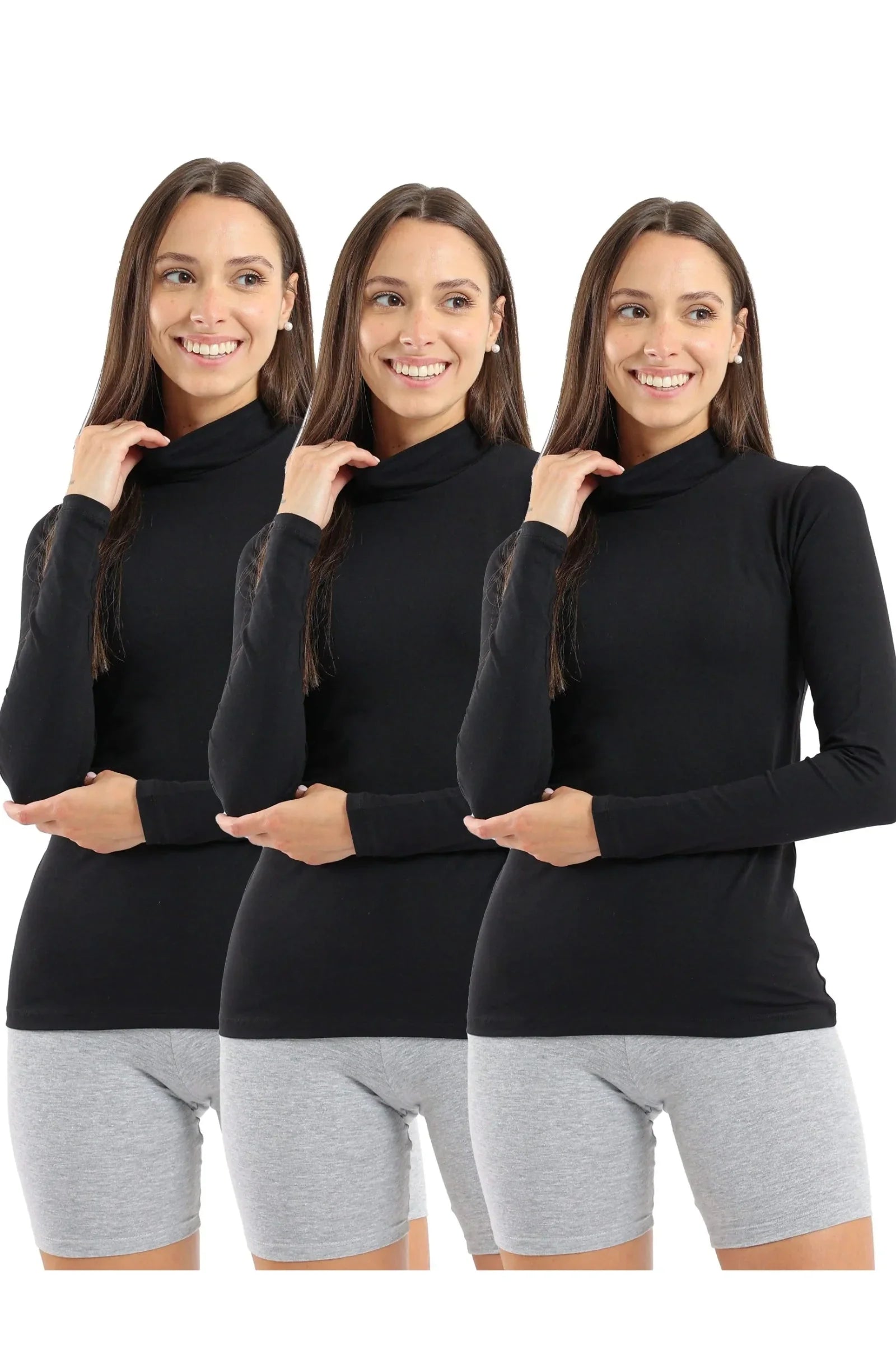 Carina - High Neck Long Sleeve Cotton Top - Pack of 3 5