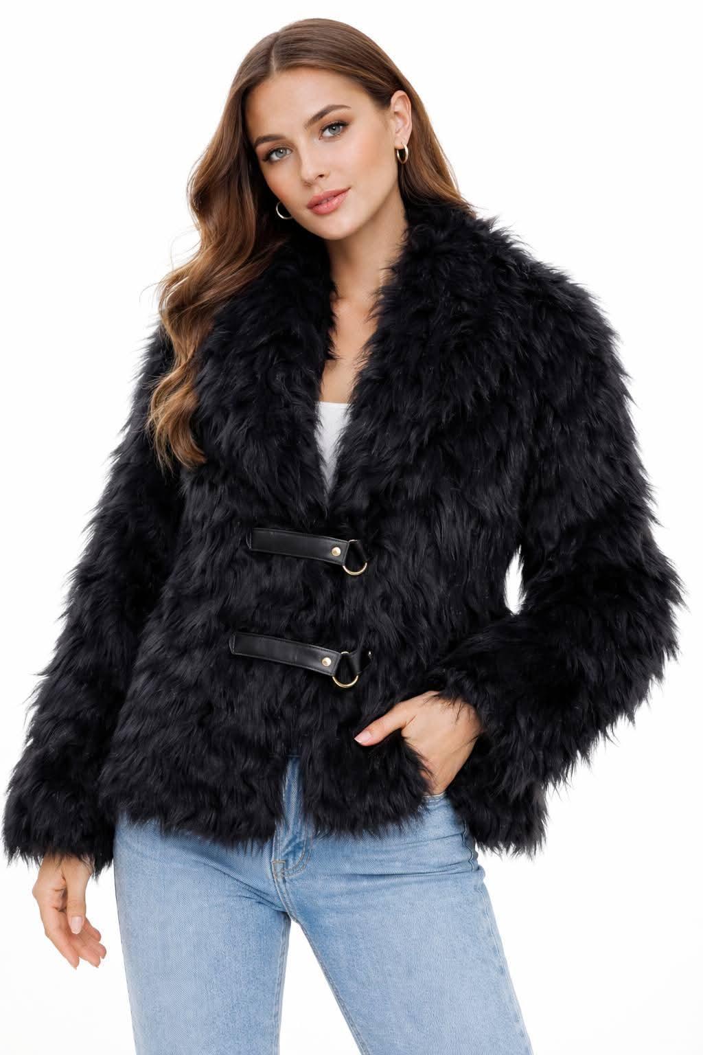 High - Quality Black Fur Jacket with Leather Belts - Blue Bell - Babazzaro