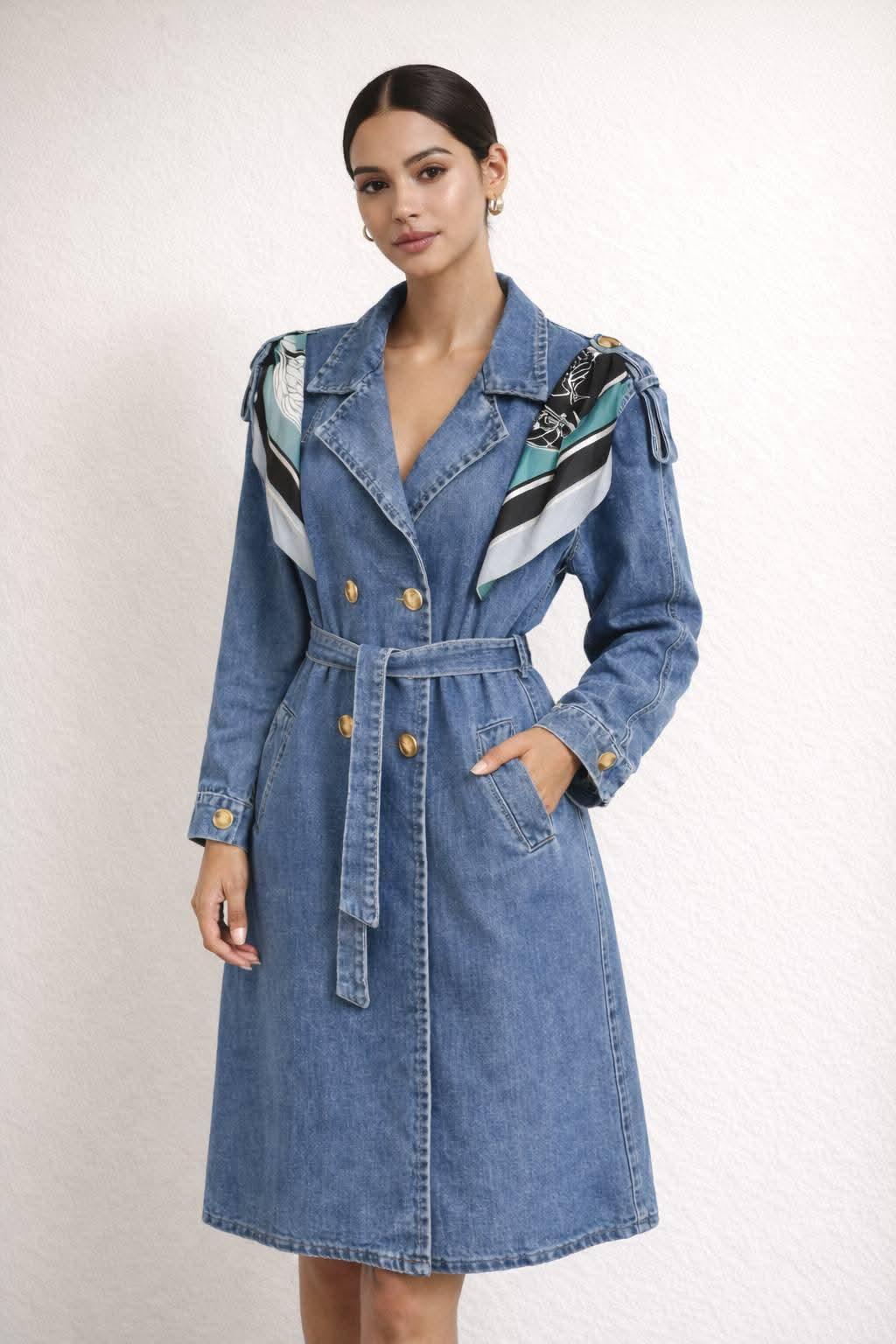 High - Quality Denim Coat with Silk Scarf - Blue Bell - Babazzaro