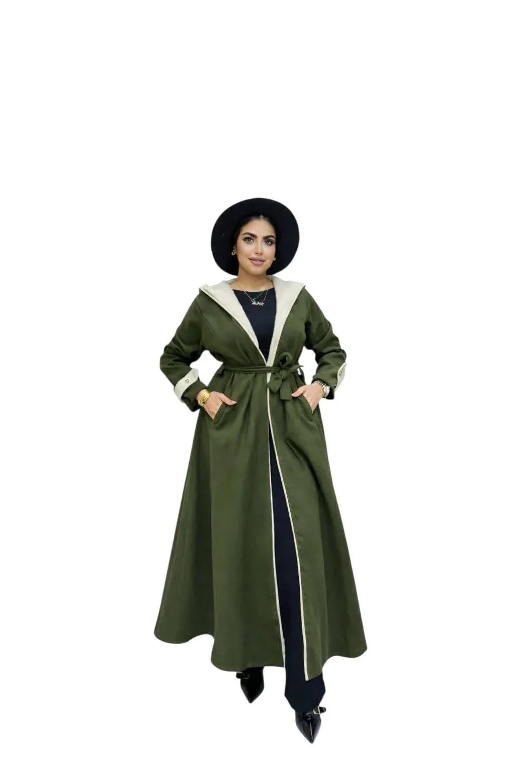Long Wool Jacket with Hood and Belt - Blue Bell - Babazzaro