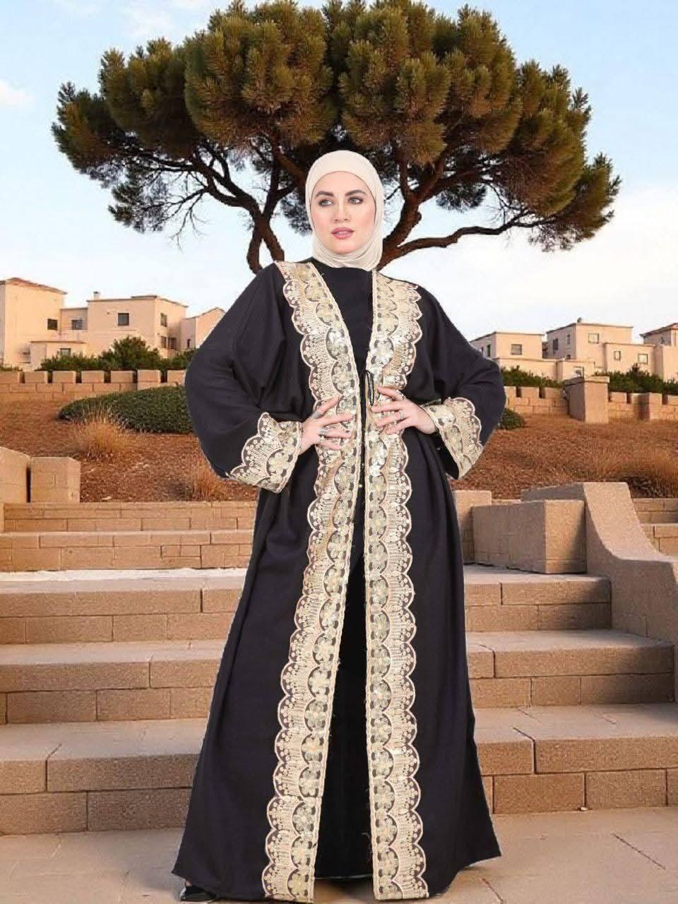Saudi Crepe Cardigan with Shiny Embroidery - Blue Bell - Babazzaro