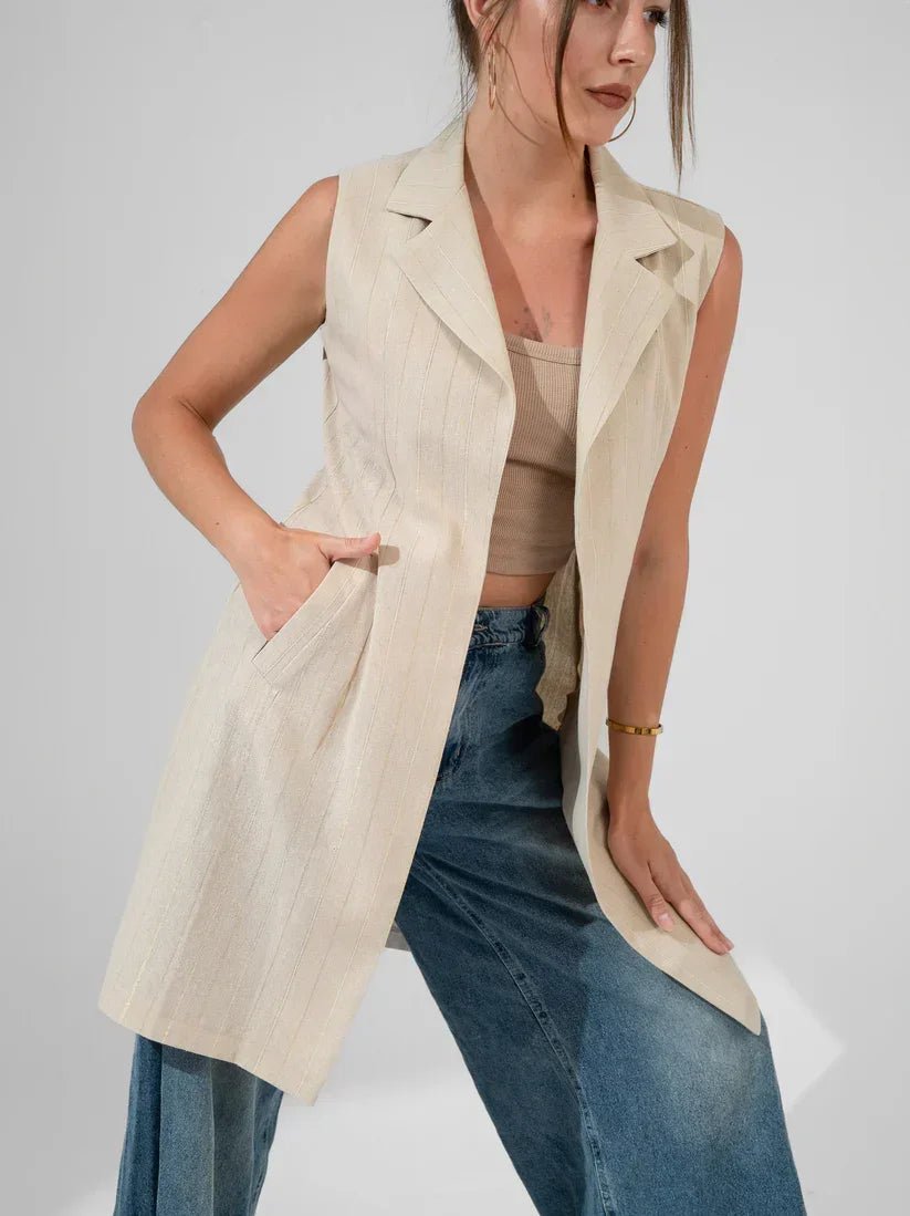 Striped Metallic Linen - Long Vest - KC Shop - Babazzaro