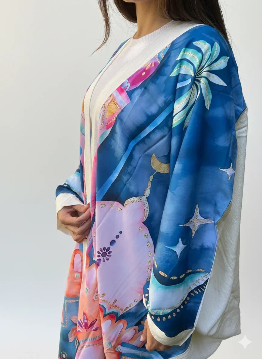 White Kaftan with Multicolor Print - Urbantique - Babazzaro