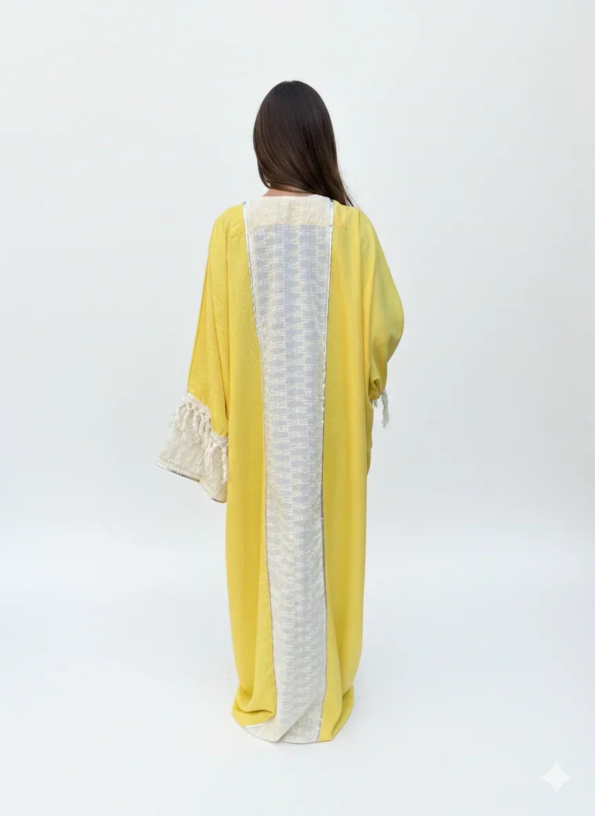 Yellow Linen Kaftan with Tassel Sleeves - Urbantique - Babazzaro
